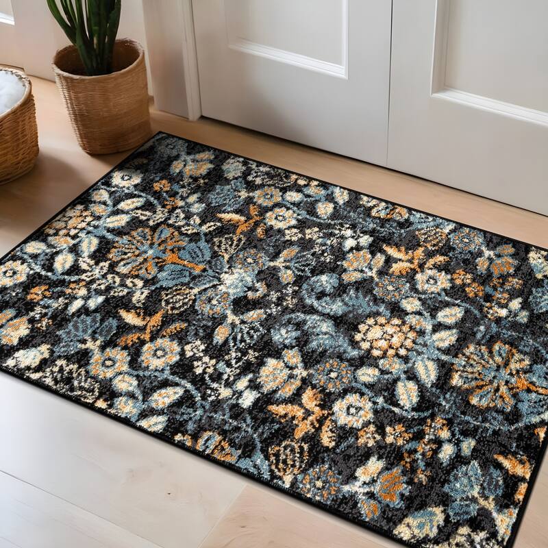 Black Multi Symmetrical Floral Stylish and Durable Area Rug - 2' x 3'
