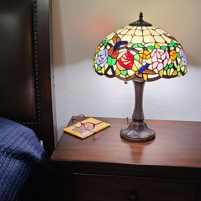 Dark Brown Metal Candlestick Table Lamp with Multi-Color-Stained Glass - 12” x 21” x 23” (D x W x H)