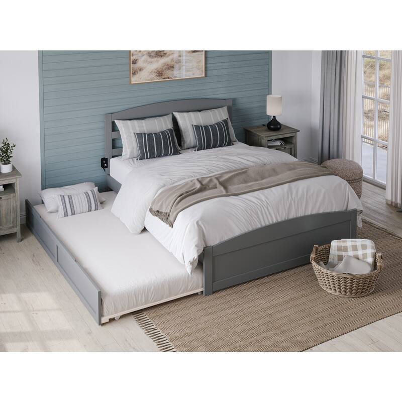 Gothic Platform Bed with Trundle & Charging Station - Queen Size, White - No Box Spring Needed