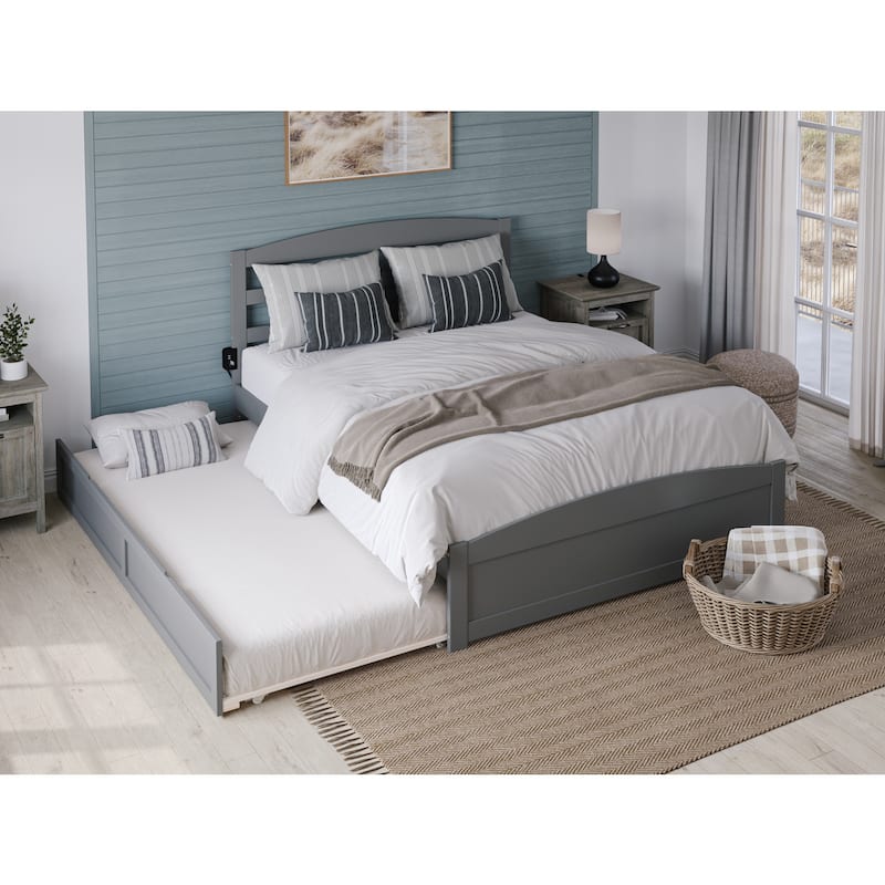 Twin XL Platform Bed with Trundle & Charging Station - Grey Solid Wood Bed Frame
