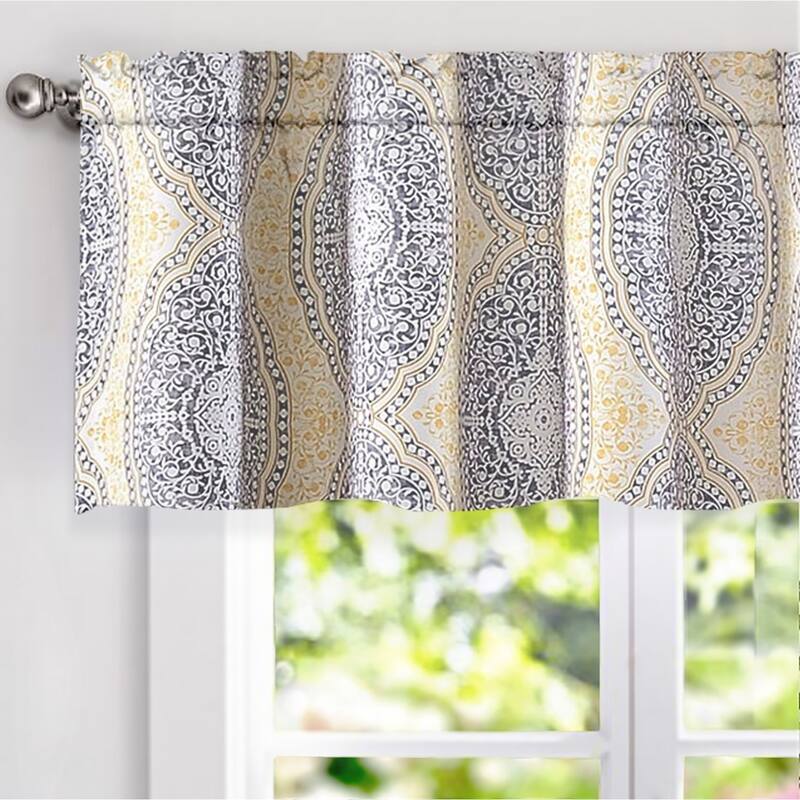 DriftAway Adrianne Pastel Damask Printed Window valance - 52'' x 18'' - Yellow/Grey