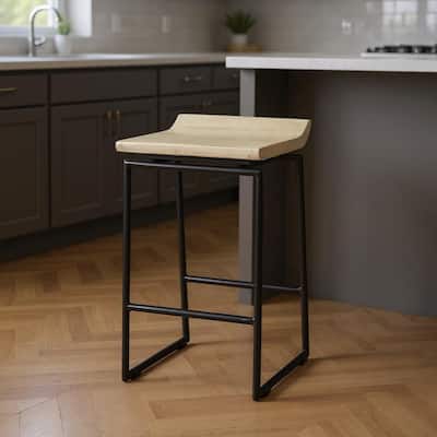 HomeRoots 25" Natural and Black Solid Wood and Metal Low Back Counter Height Bar Chair