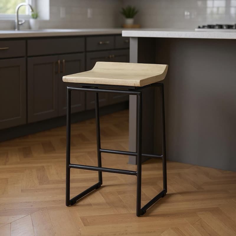 HomeRoots 25" Natural and Black Solid Wood and Metal Low Back Counter Height Bar Chair - Counter Height - Natural - Single