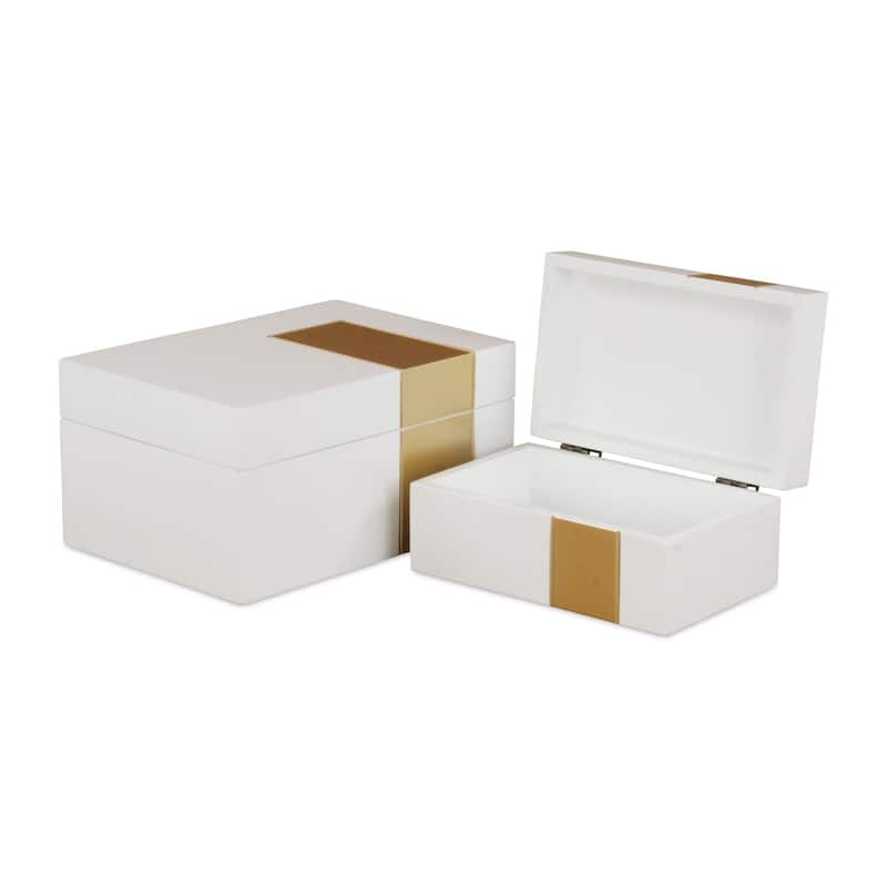 Wooden Accent Boxes with Decorative Band - 10" - White and Gold - Set of 2