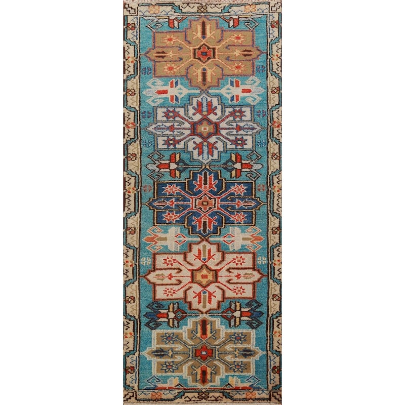 Hand Knotted Oriental 100% Wool Carpet Traditional Geometric Navy Blue & Blues Kazak Runner Rug - 8' 1'' X 2' 7''