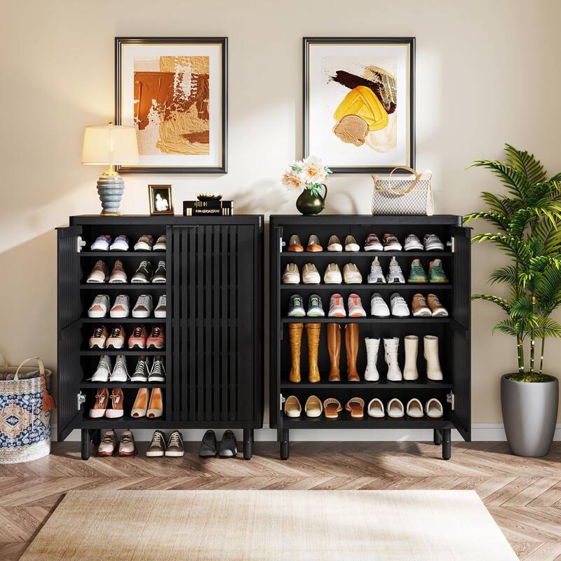 6-Tier Shoe Cabinet with Shutter Doors Adjustable Shelves Wooden Storage Cabinet for Entryway/Hallway/Closet/Living Room