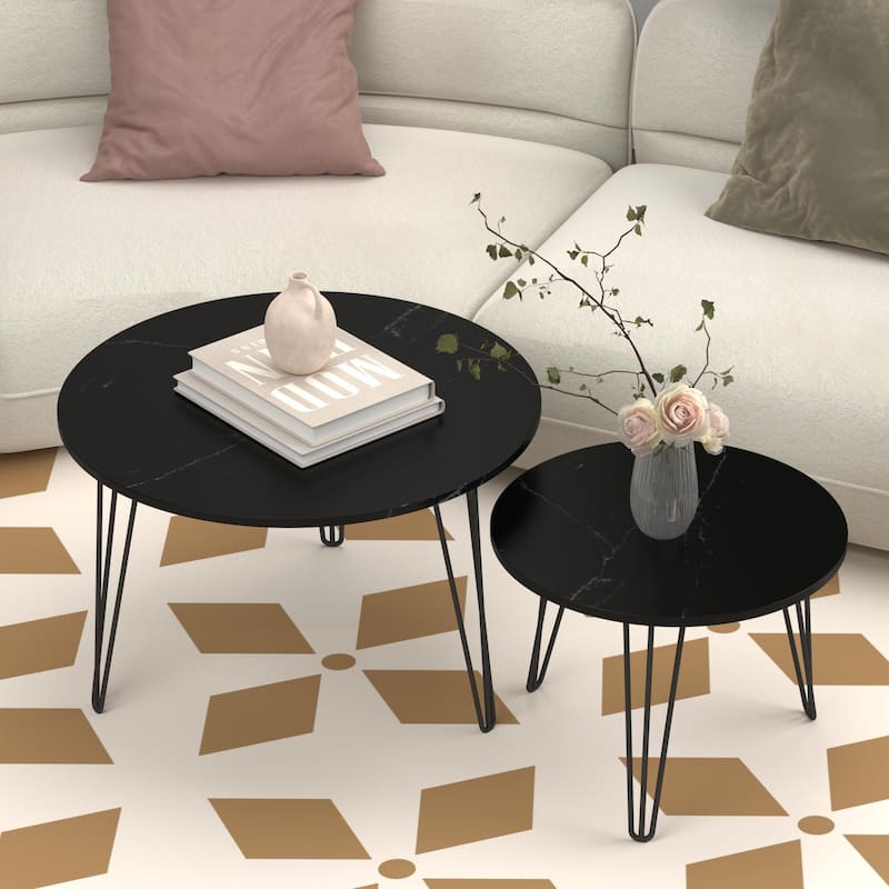 Anmytek Set of 2 Nesting Round Coffee Tables with Marble Effect Top & Hairpin Legs, Black Industrial Modern Side Tables