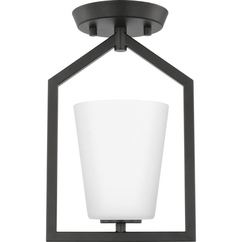 Vertex Collection One-Light Matte Black Etched White Contemporary Semi-Flush Mount - 7.37 in x 5 in x 11.62 in - 7.37 in x 5 in x 11.62 in