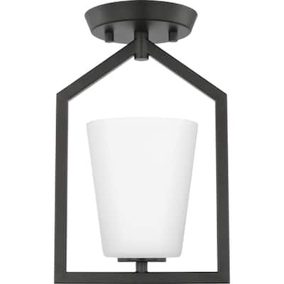 Vertex Collection One-Light Matte Black Etched White Contemporary Semi-Flush Mount - 7.37 in x 5 in x 11.62 in