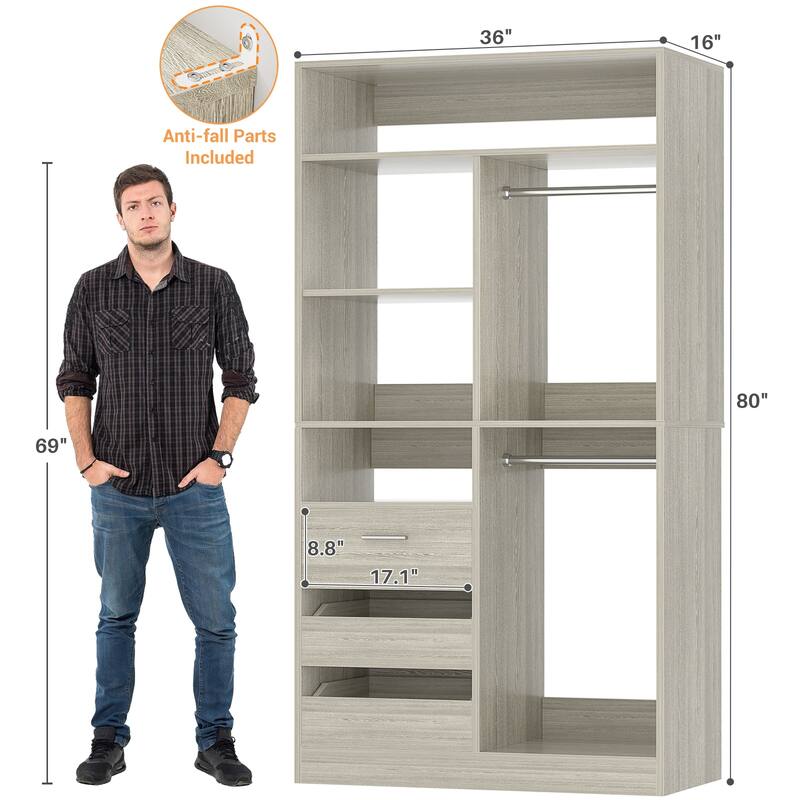 Qvella 72'' Closet System with 6 Wooden Drawers and 4 Hanging Rods, Walk-in Closet Organizer with 10 Storage Shelves