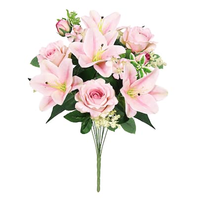 Set of 2 Blush Pink Artificial Mixed Rose Lily Blossom Flower Stem Bush Bouquet 20in - 20" L x 13" W x 13" DP