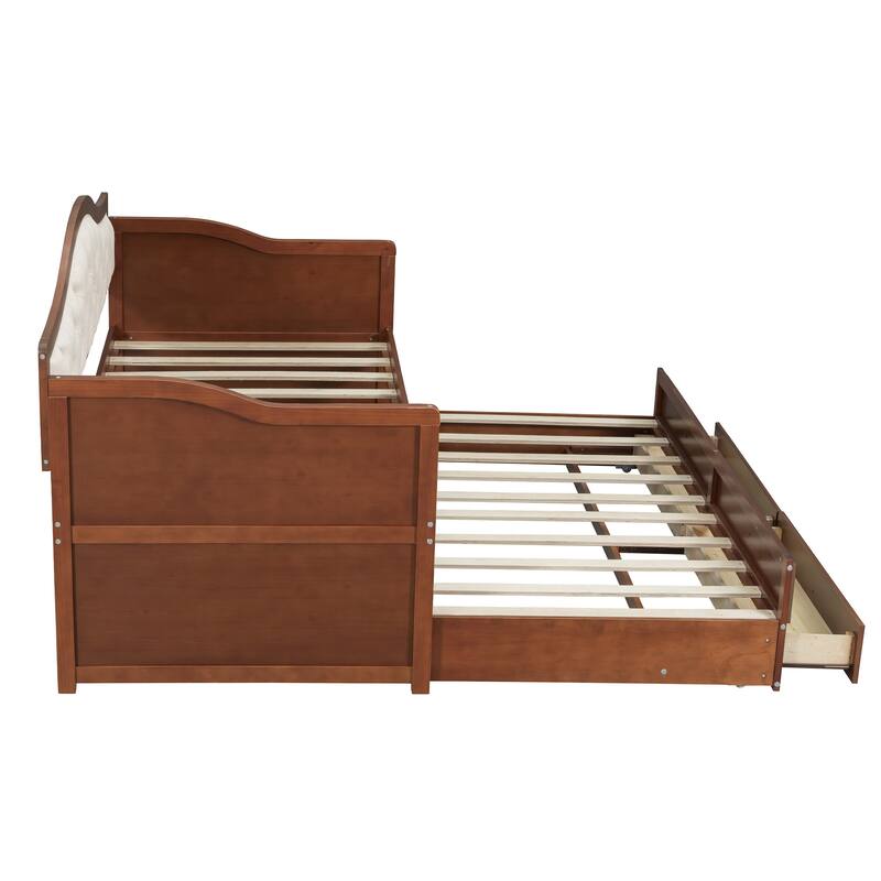 Wooden Frame Day Bed, Twin Size Daybed with Trundle Bed, Upholstered Tufted Button Backrest Sofa Bed with 2 Storage Drawers