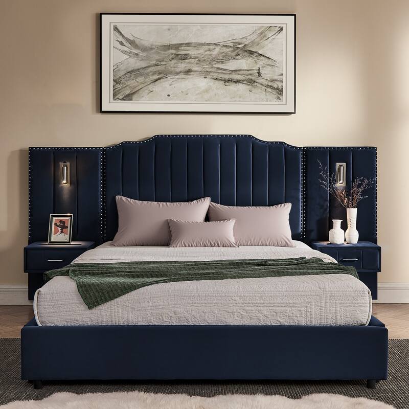 Queen Size Upholstered Bed Frame with Velvet Fabric, Vertical Stripe Design with Buttons Around Platform Bed