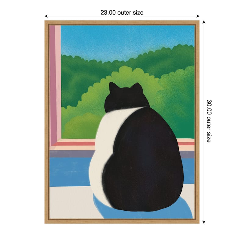 Fat Cat Looking out the Window by Little Dean Framed Canvas Wall Art - 23 x 30 in