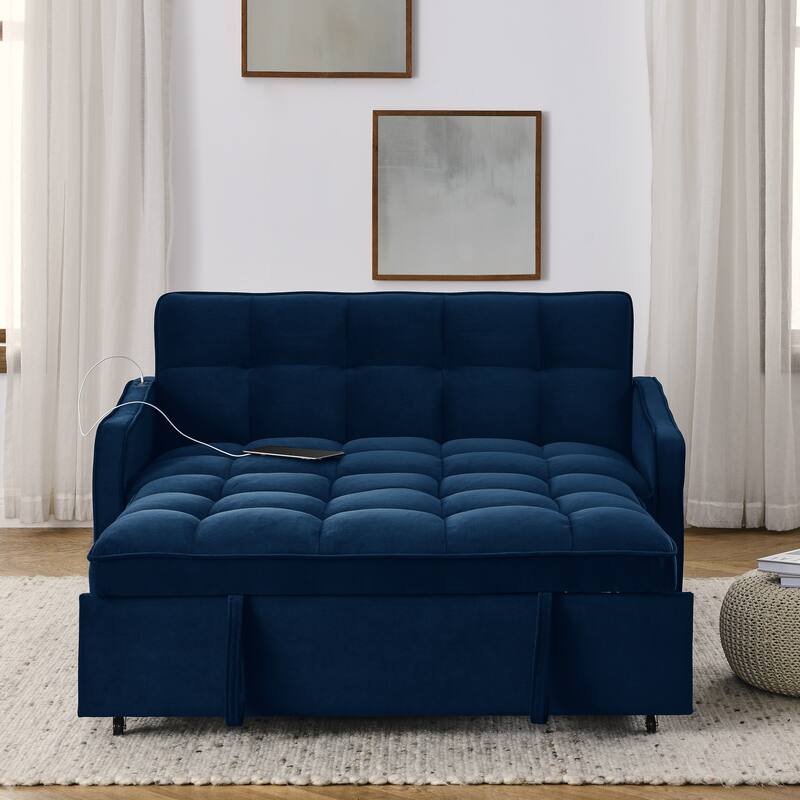 Mid-Century Modern Sofa Bed with USB Charging and Adjustable Backrest