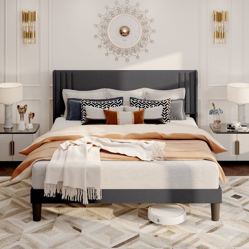 Twin/Full/Queen/King Bed Frame with Wingback Headboard, Upholstered Platform Bed
