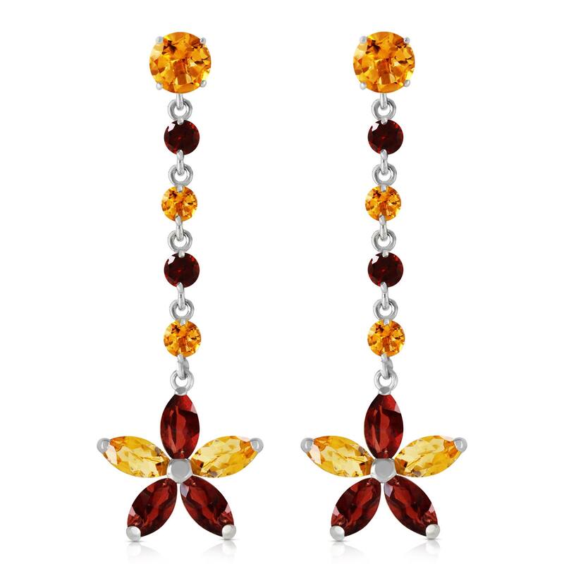 14K Solid Gold Chandelier Flower Citrine & Garnet Gemstone Earrings
