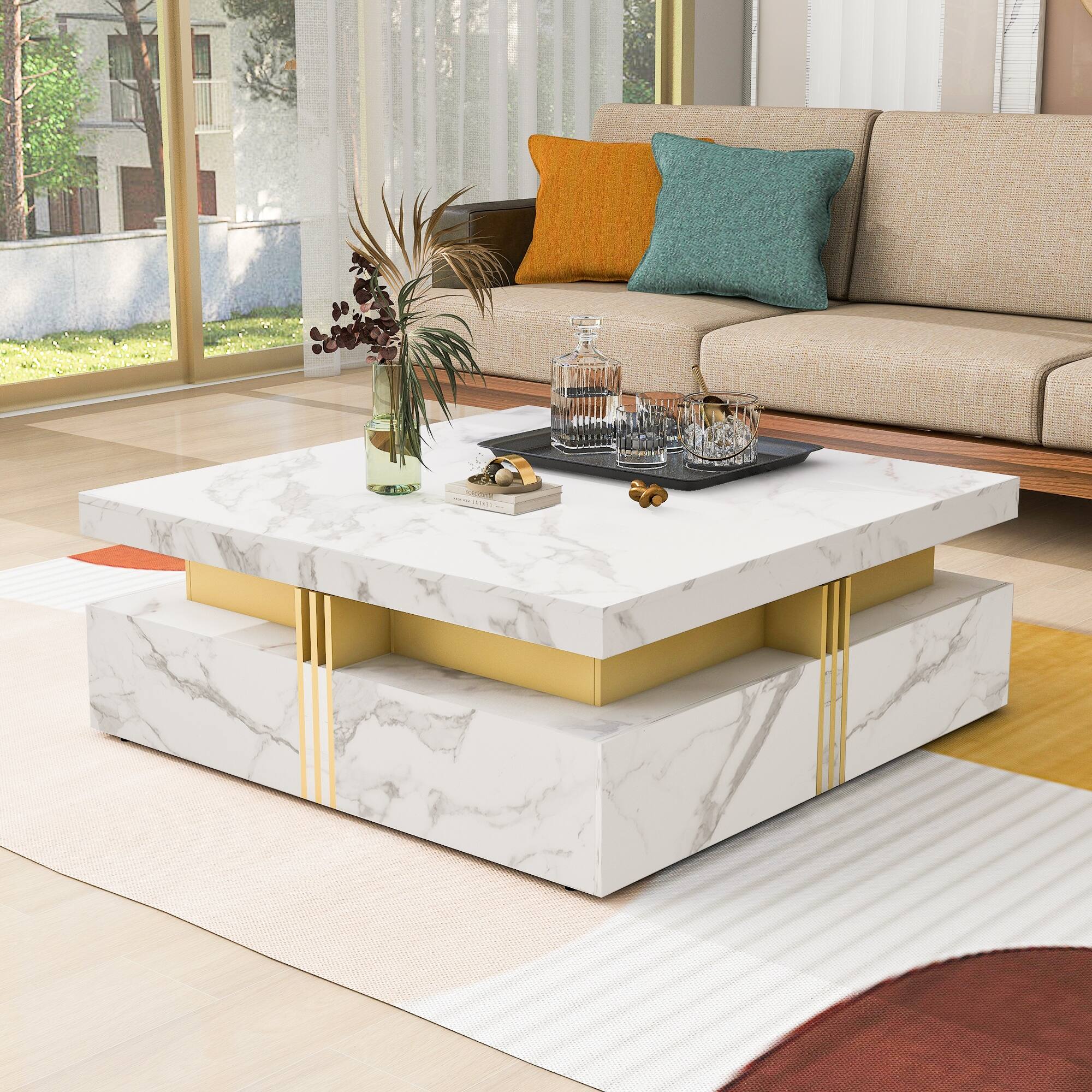 Modern White Square Storage Coffee Table with 4 Drawers Bed Bath