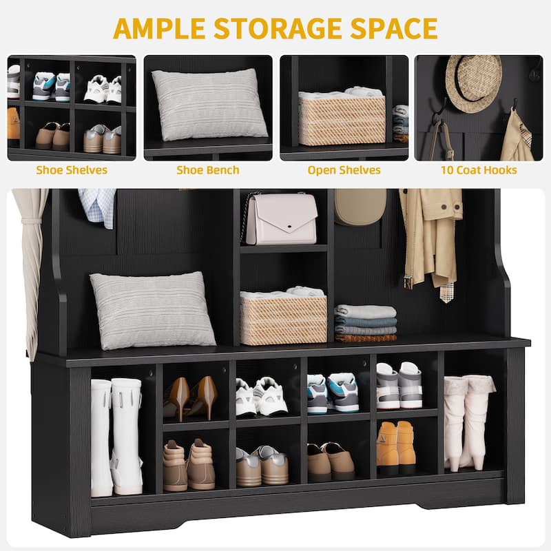 Moasis Farmhouse Hall Tree with Bench and Shoe Storage with 10 Hooks for Entryway