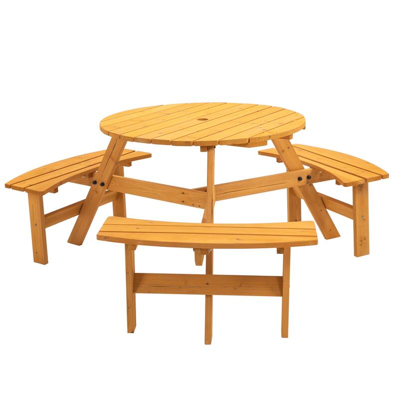 6 Seater Round Dining Table Set with 3 Built-in Benches, Outdoor Courtyard Wooden Picnic Table for Patio, Lawns, Garden