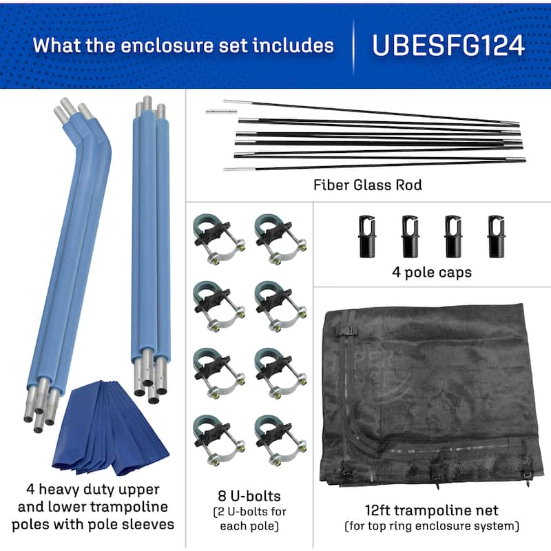 Machrus Upper Bounce Trampoline Top Ring Enclosure Set including Net, 4 Poles, Caps & Foam Sleeves - Fits 12ft Round Trampoline