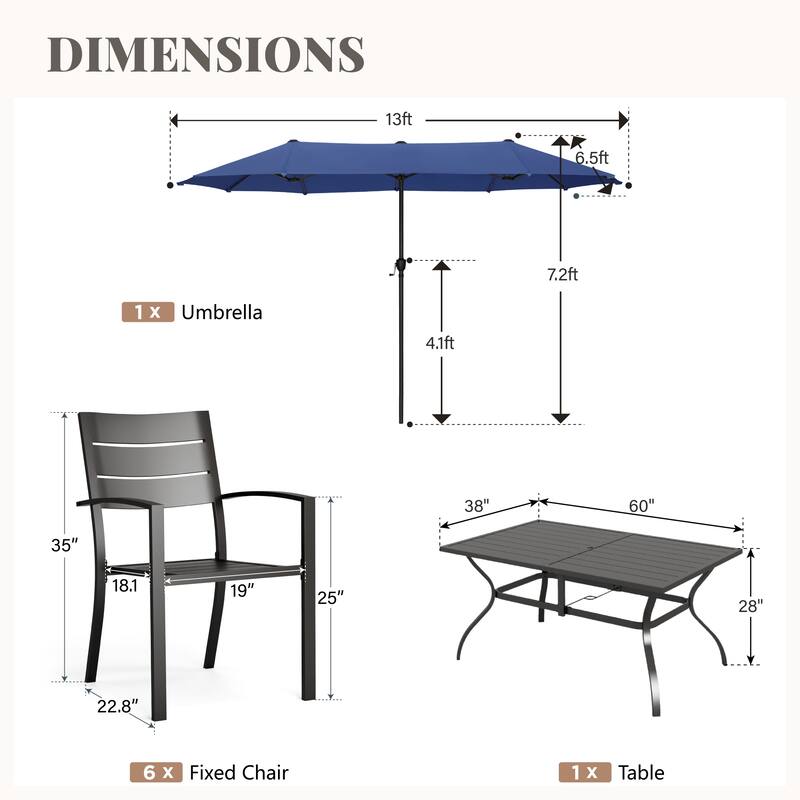 MAISON ARTS 8-Piece Outdoor Dining Set with 13ft Umbrella, Metal Rectangle Table & 6 Stackable Chairs