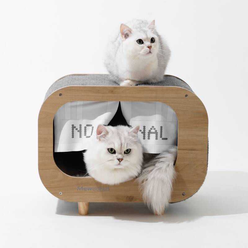 Wooden TV-Shaped Cat Bed, Cat House with Cushion