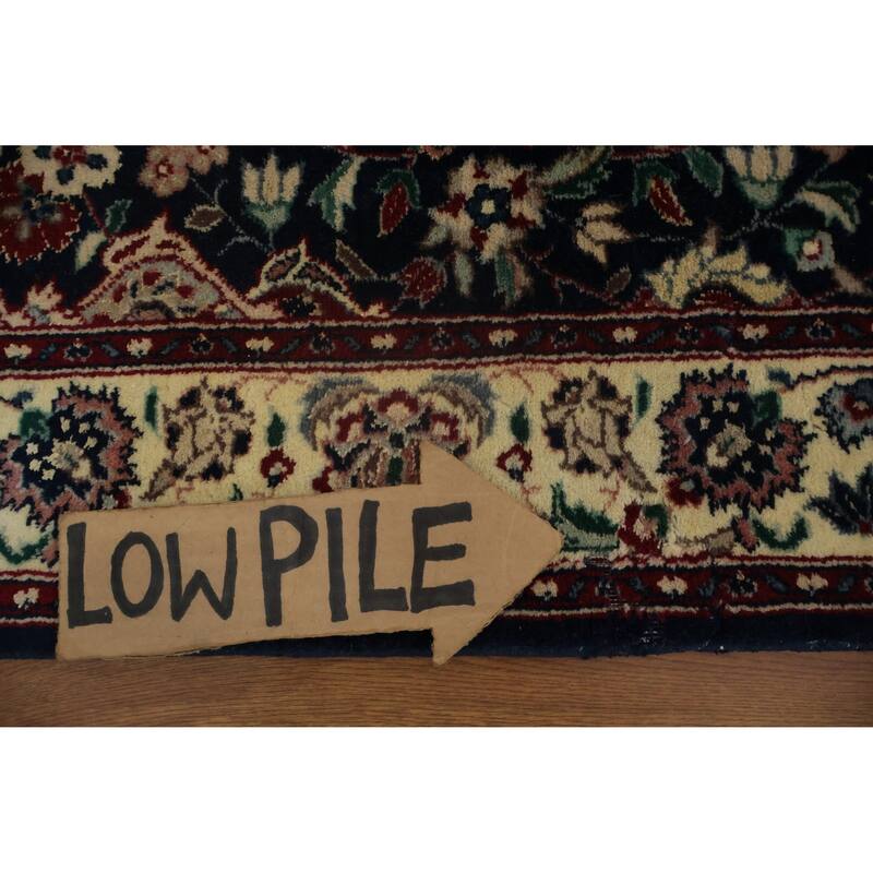 Hand Knotted Oriental 100% Wool Carpet Traditional Floral Navy Blue & Blues Kashan Runner Rug - 13' 10'' X 2' 7''