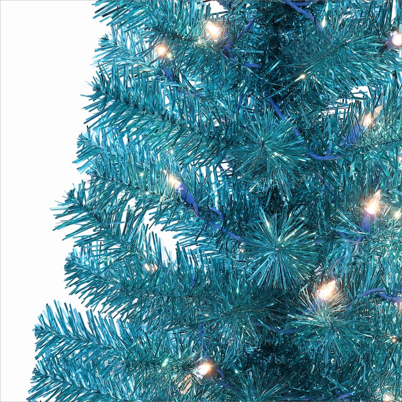 Puleo International 4.5 ft. Pre-Lit Teal Tinsel Artificial Tree