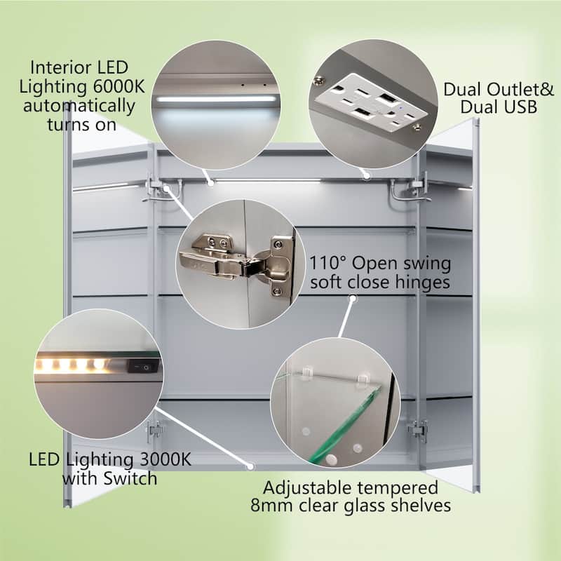 ExBrite LED Lighted Bathroom Medicine Cabinet with Mirror, Recessed or Surface