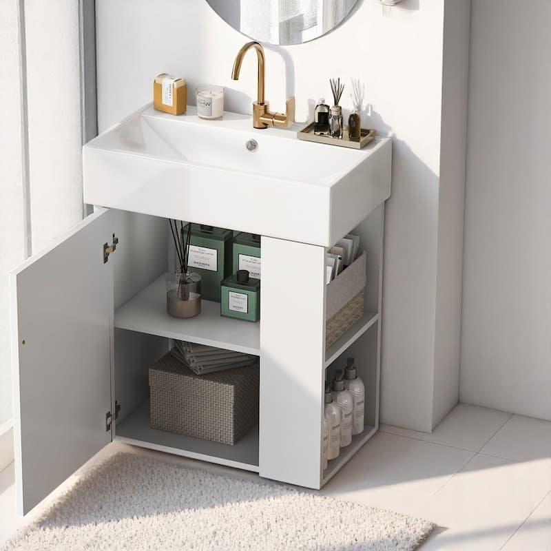 21.6" Modern Floating Bathroom Vanity with Ceramic Sink, Wave-Pattern Door, Rose Gold Handle, Side Storage