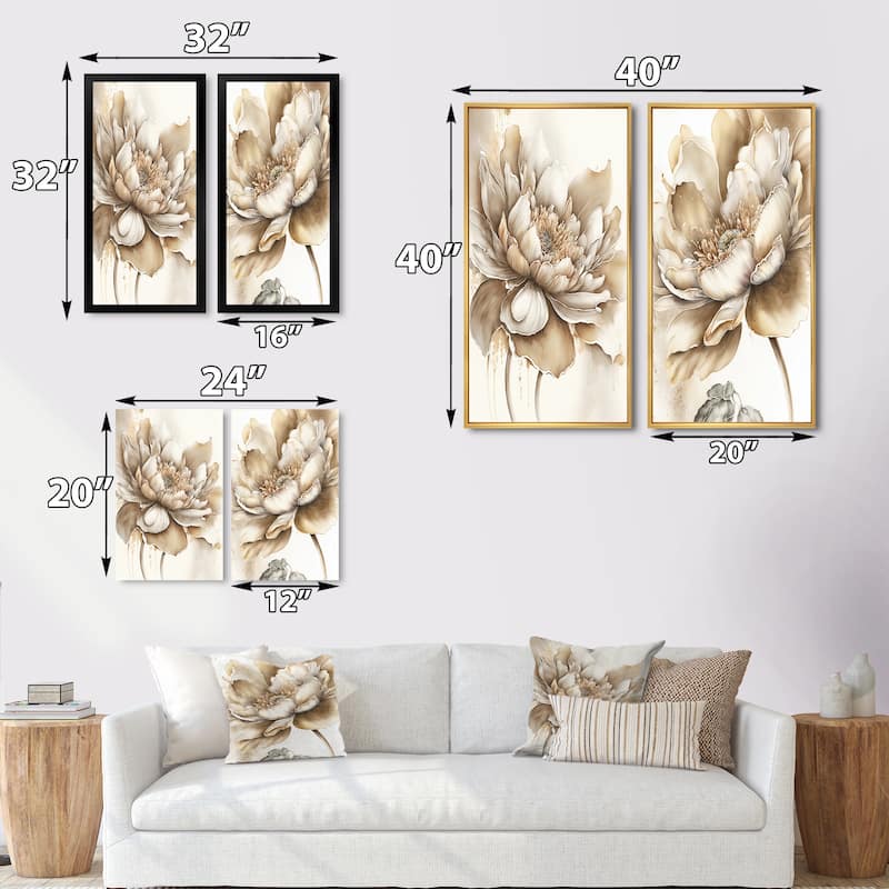 Designart "Indigold Beige Flower III" Floral Framed Wall Art Set Of 2 - Beige Gallery Wall Set For Home Decor