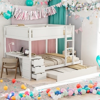 Modren Full-Over-Full Bunk Bed With Twin size Trundle,Storage And Desk,Sturdy Frame,s