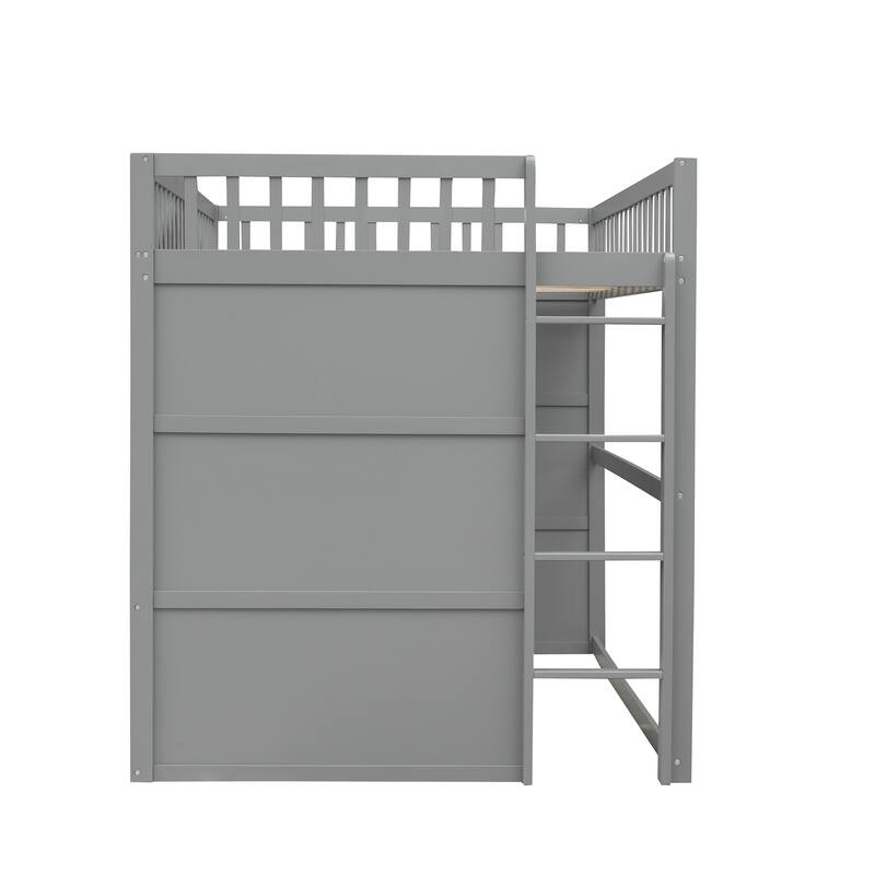 Full Size Loft Bed with Ladder in Gray and White Frame, Sturdy Pine Wood Construction