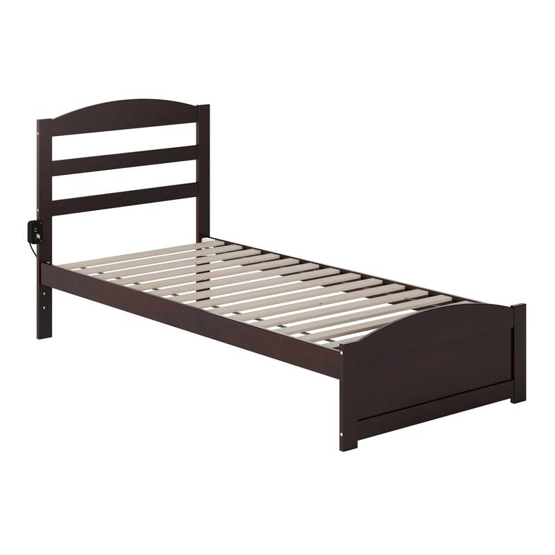 Twin XL Platform Bed - Solid Wood Espresso Finish, Minimalist Design with Charging Station