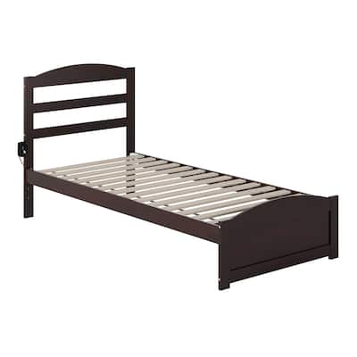Twin XL Platform Bed - Solid Wood Espresso Finish, Minimalist Design with Charging Station