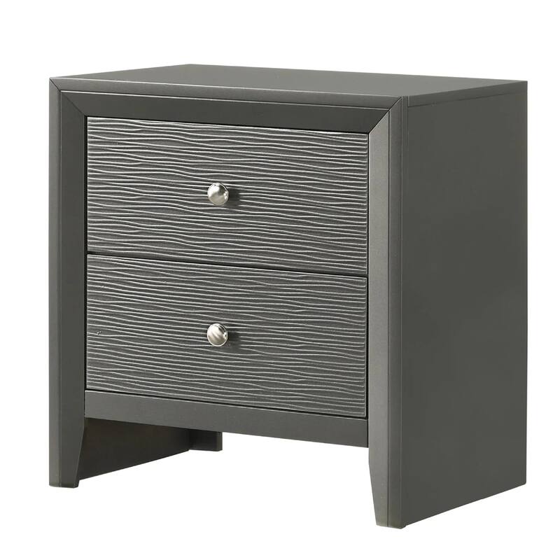 Deny Nightstand, 2 Drawers, Silver Round Knobs, Metallic Gray Wood