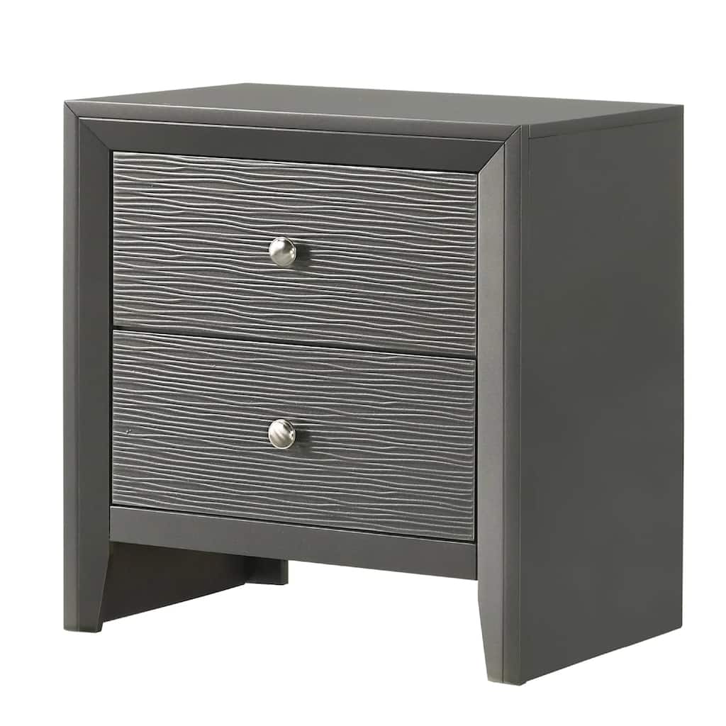Deny Nightstand, 2 Drawers, Silver Round Knobs, Metallic Gray Wood