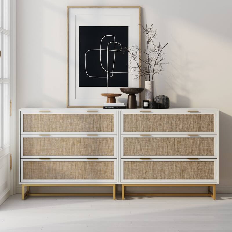 Kova 3-Drawer Rattan Dresser or Bohemian Living Room Storage Cabinet with Textilene Rattan Accent and Metal Legs