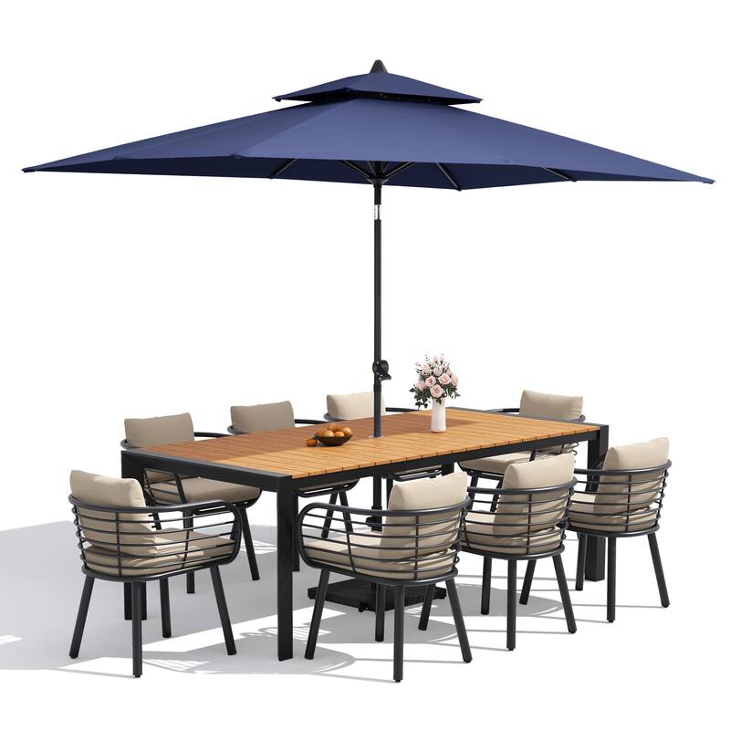 9/11-Piece Outdoor Dining Set w/10 ft Umbrella and Base Aluminum Dining Table and Chairs with Sunbrella Cushions