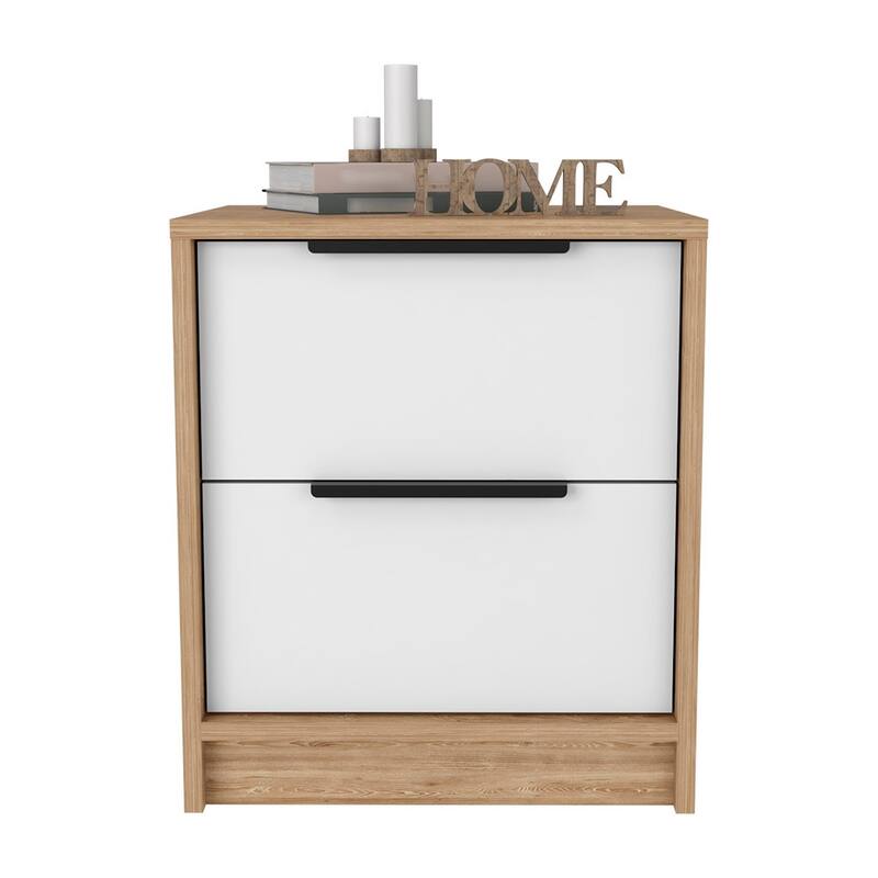 Nightstand Cervants,Two Drawers,Metal Handle,White / Pine Finish