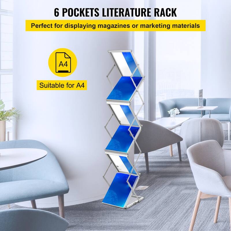 Silver Aluminum Foldable and Portable Lightweight Magazine Rack with 6 Pockets and Carrying Bag - 10.2" x 14.2 "x 59.8"