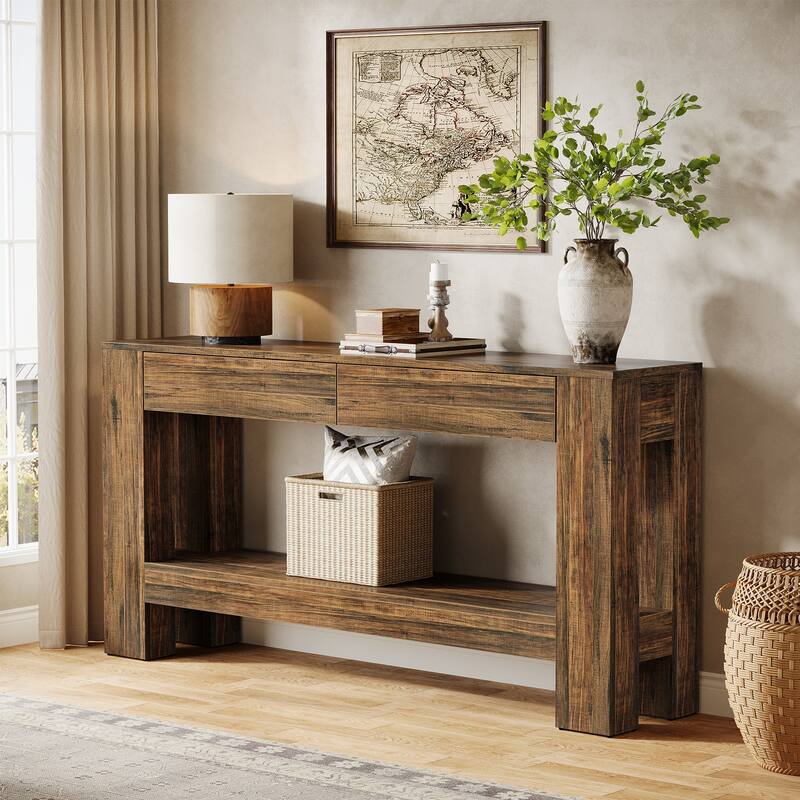 2-Tier Wooden Console Table with 2 Drawers for Entrance - /