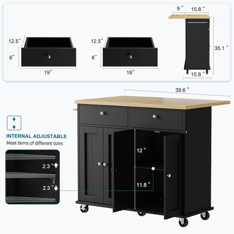 Kitchen Storage Island with 2 Drawers & Extendable Countertop - Rolling Storage Cart with Towel Rail, Lockable Wheels