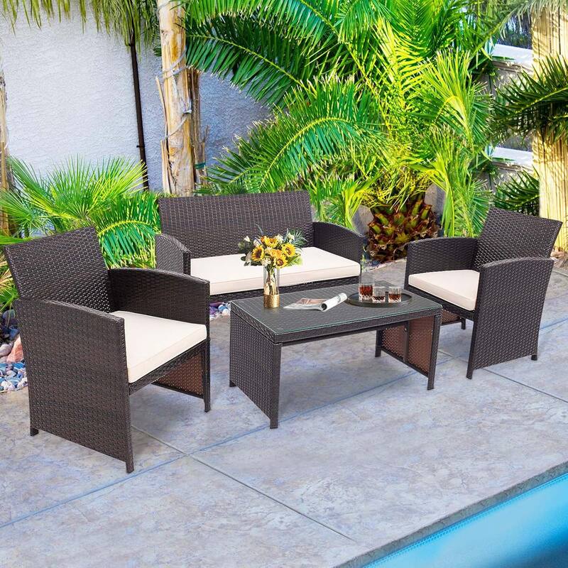 4 PCS Outdoor Rattan Furniture Set w/ Cushioned Chair & Coffee Table