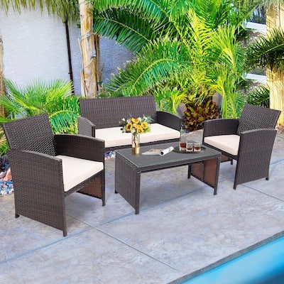 4 PCS Outdoor Rattan Furniture Set w/ Cushioned Chair & Coffee Table