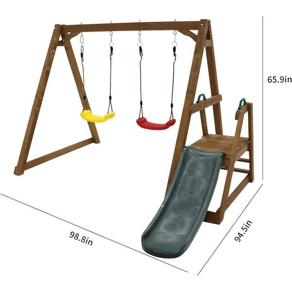 Wood Swing Set w/Slide,Wood Swing Set for Backyard, 2 in 1 Swing Set