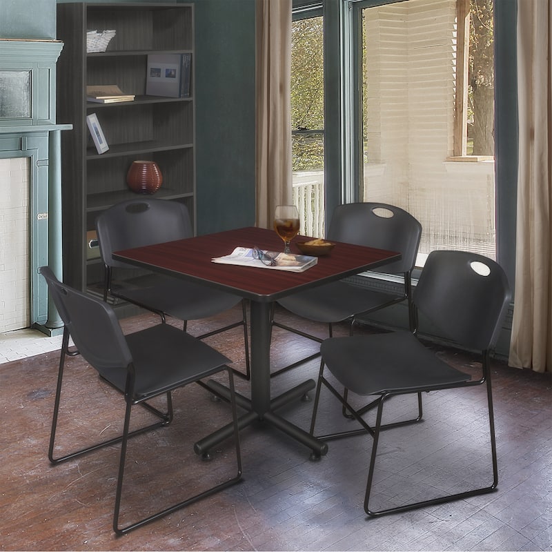 36" Square Breakroom Table- Mahogany & 4 Stack Chairs- Black - Black, Mahogany - 36