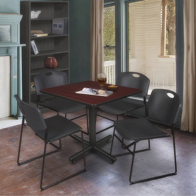 42" Square Breakroom Table- Mahogany & 4 Stack Chairs- Black - Black, Mahogany - 42