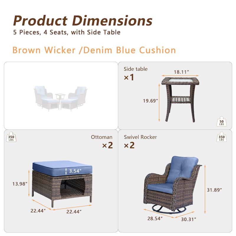 5 Piece Outdoor Wicker Patio Swivel Chair with Ottoman Conversation Set